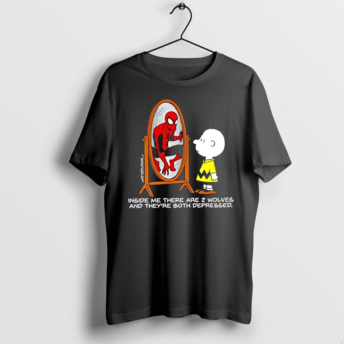 Officials Charlie Brown And Spider Man Inside Me There Are 2 Wolves Depressed Premium T Shirt Sweatshirt Hoodie