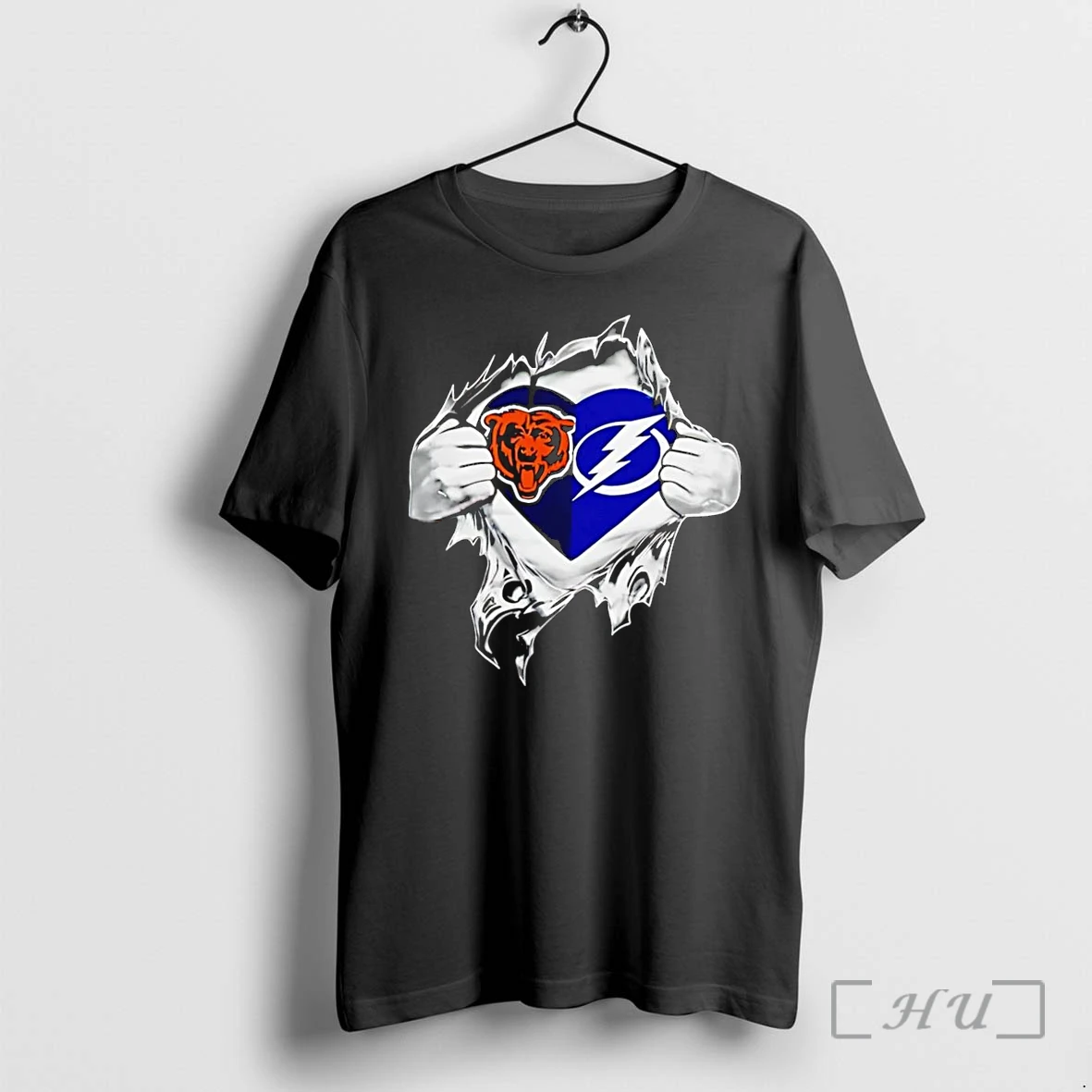 Officials Chicago Bears Tampa Bay Lightning Heart Ripped Chest Black Premium T Shirts Sweater Hoodie
