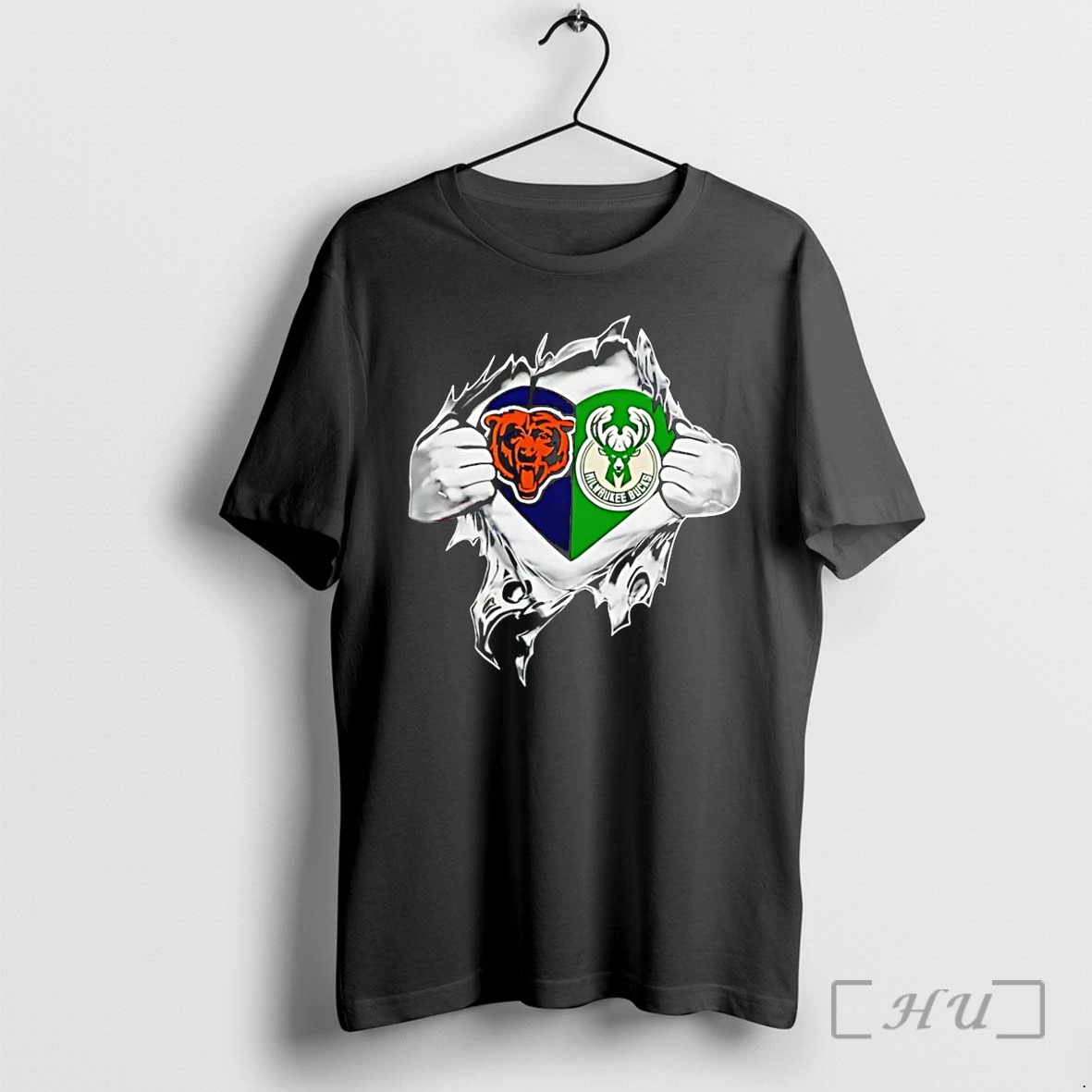 Officials Chicago Bears And Milwaukee Bucks Ripped Chest Heart Fan Black Premium T Shirts Sweater Hoodie