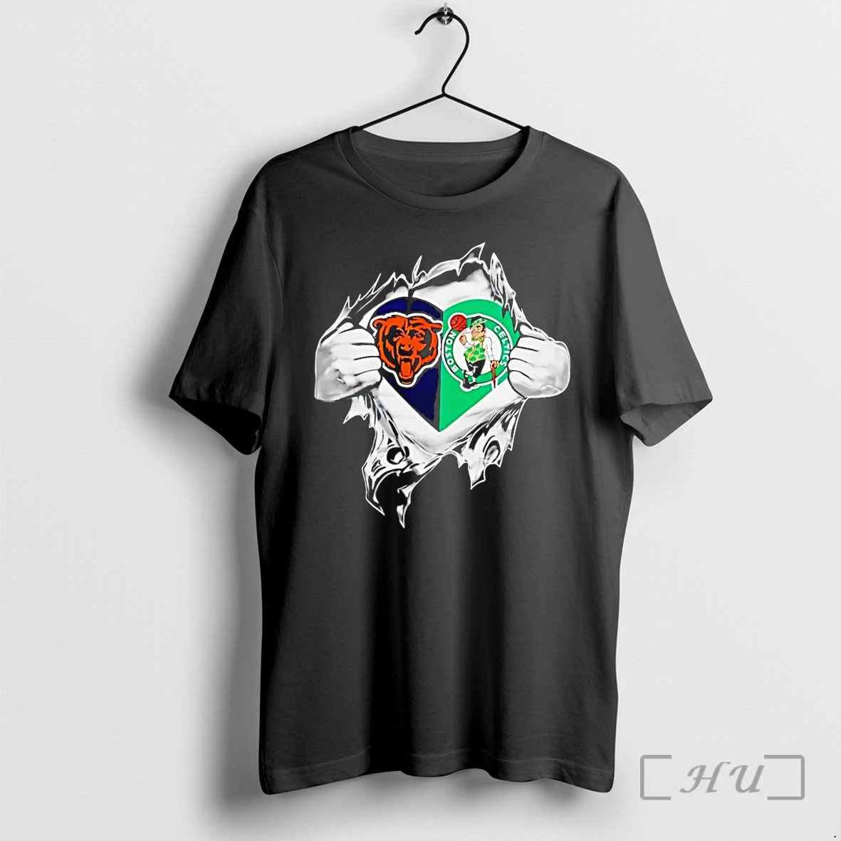 Officials Fan Apparel Hands Ripping Open Featuring Chicago Bears And Boston Celtics Black Premium T Shirts Sweater Hoodie