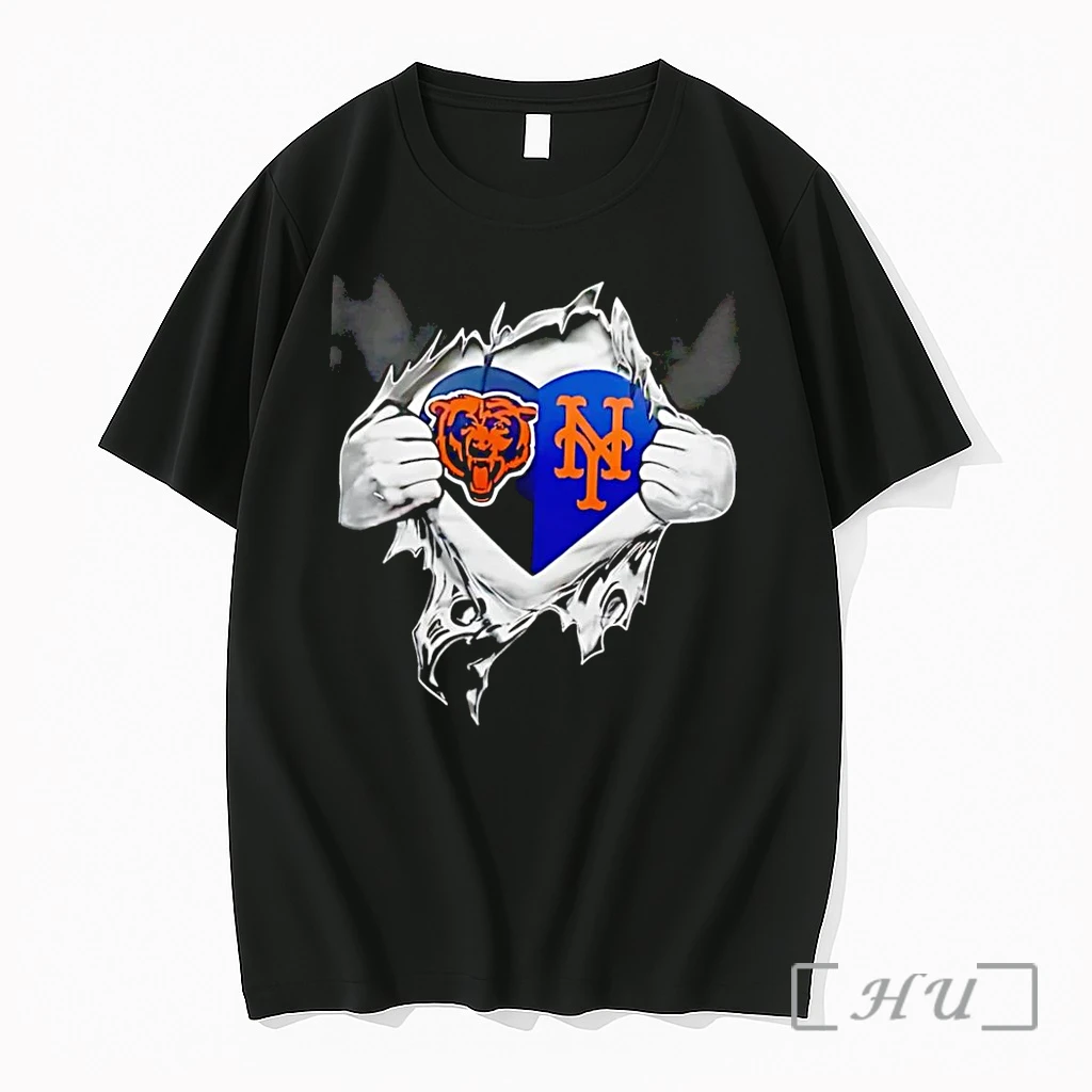 Officials Heart Ripping Open To Reveal Chicago Bears And Ny Mets Black Premium T Shirts Sweater Hoodie
