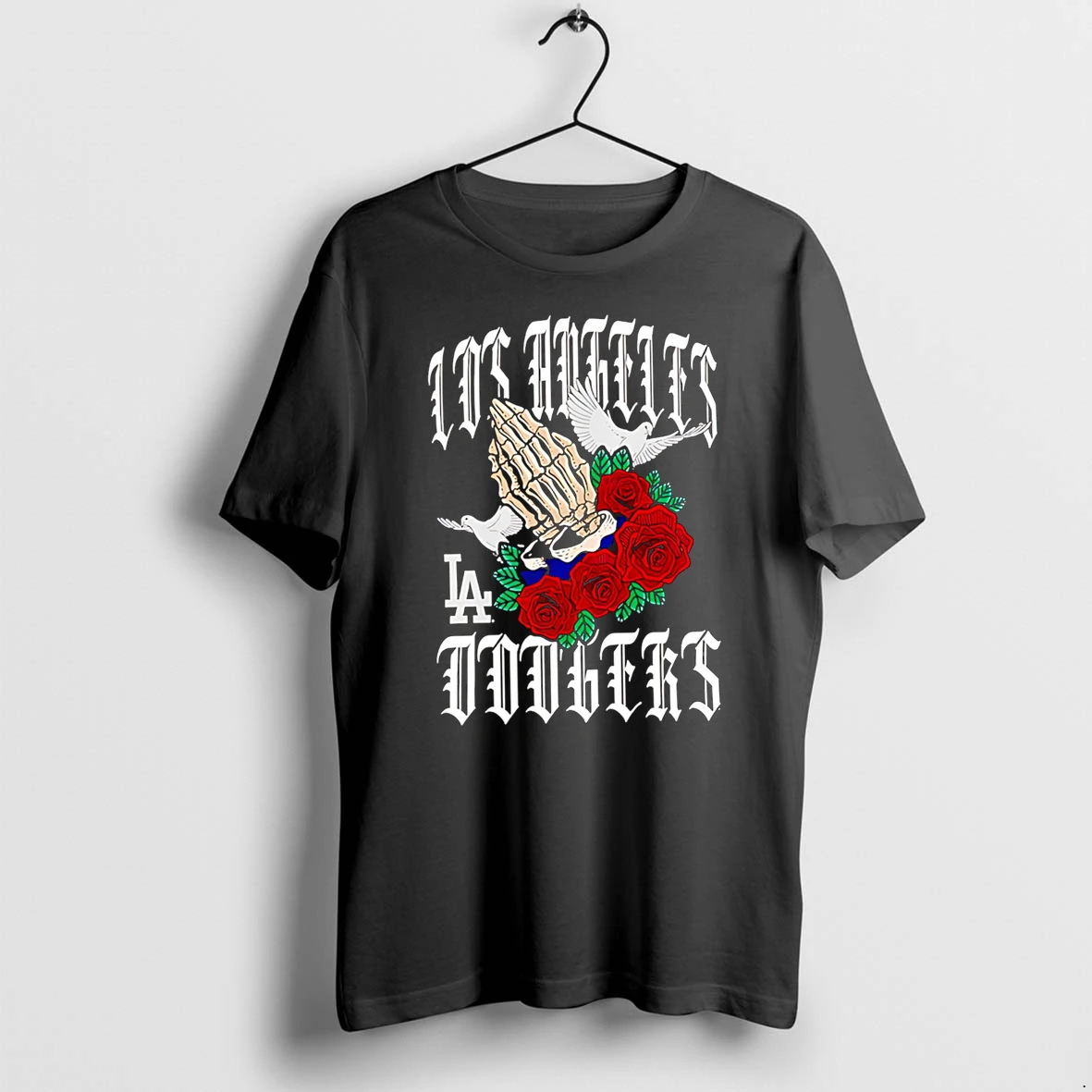 Officials Los Angeles Dodgers Praying Skeleton With Roses And Doves Premium T Shirt Sweatshirt Hoodie