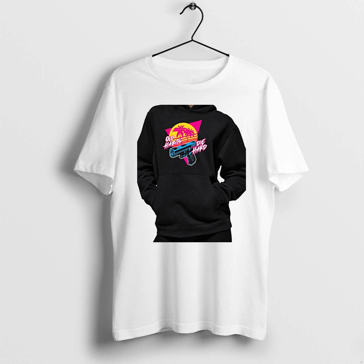 Officials Old Habits Die Hard Handgun Palm Trees Sunset Synthwave Premium T Shirt Sweatshirt Hoodie