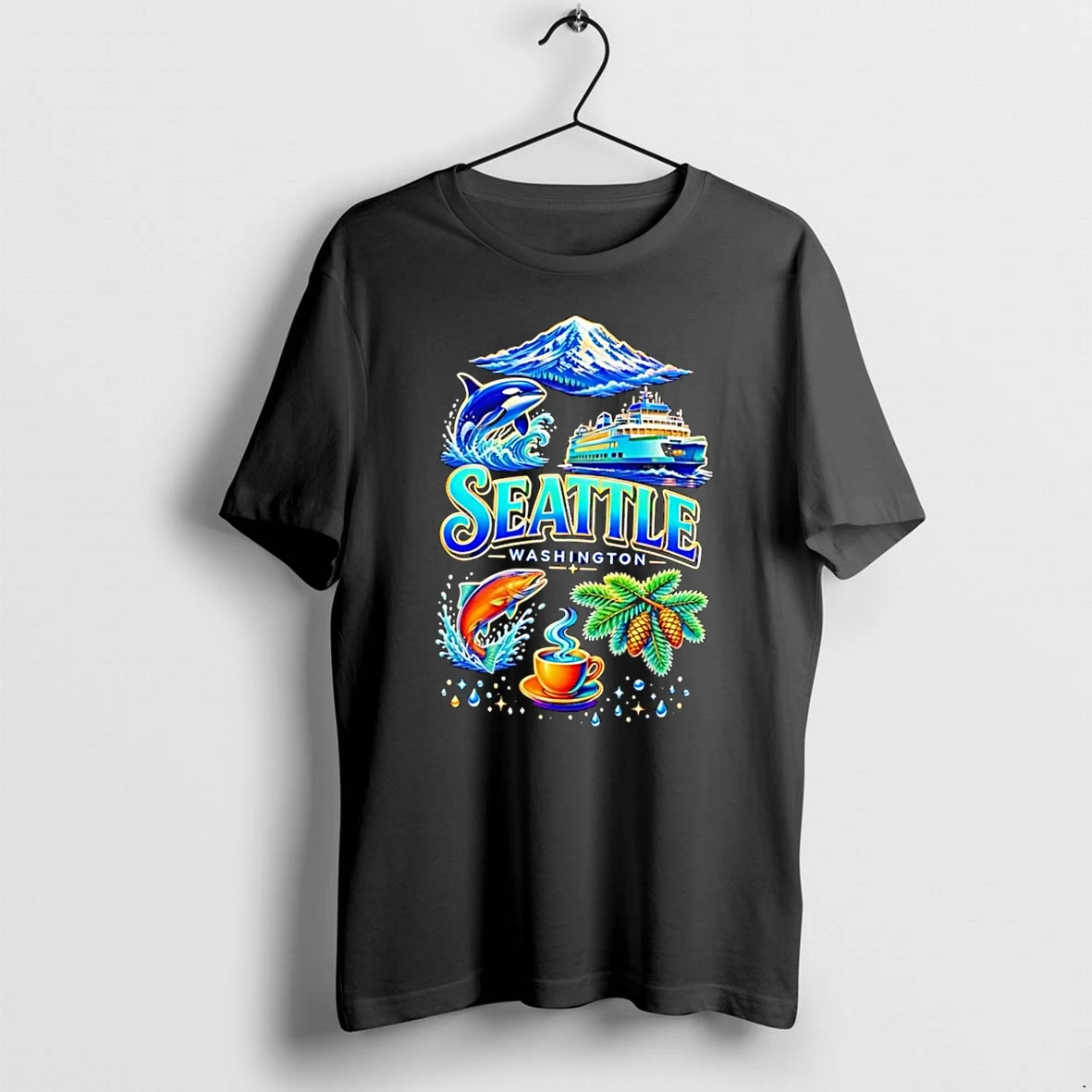 Officials Seattle Washington Orca Ferry Salmon Coffee Pine Cone Mount Rainier Black Premium T Shirt Sweatshirt Hoodie