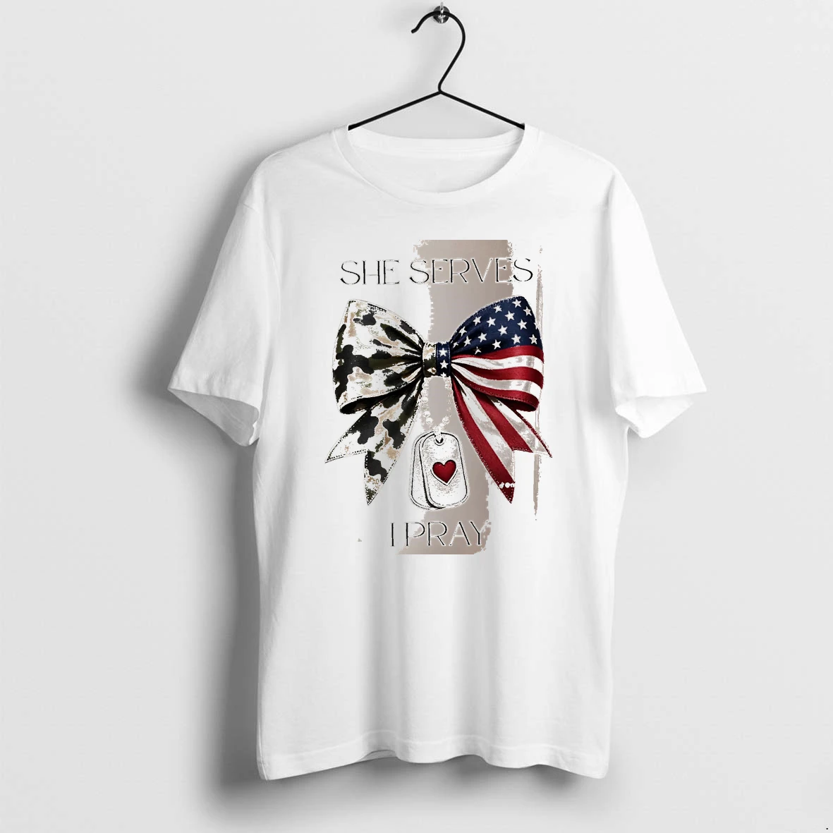 Officials She Serves I Pray Military Bow Dog Tags Usa Flag Camo White Premium T Shirt Sweatshirt Hoodie