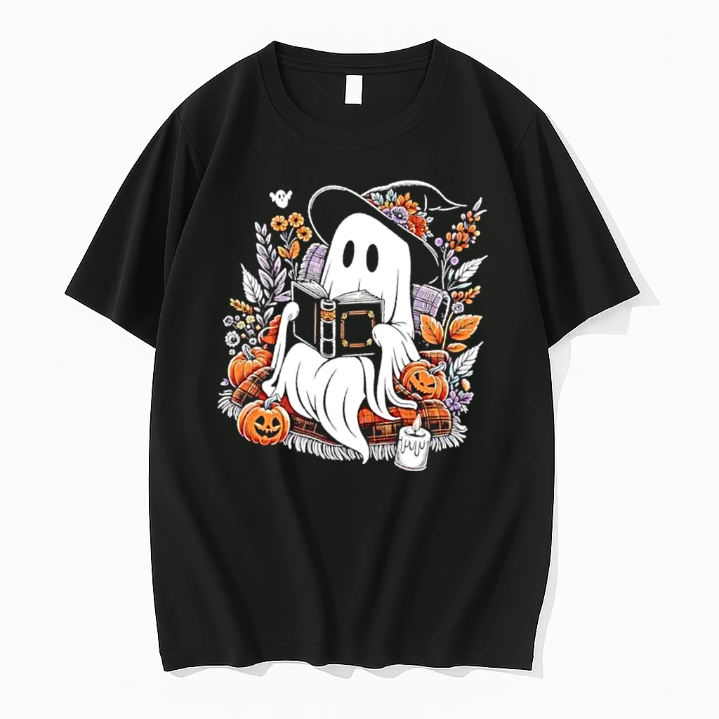 Officials Cartoon Ghost Reading Book Floral Witch Hat Jack O Lanterns Candle Mens T Shirt Sweater Hoodie