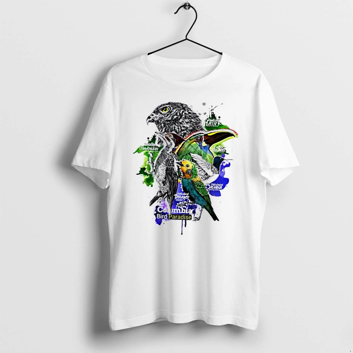 Officials Colombia Bird Paradise Roadside Hawk Lineated Woodpecker Emerald Toucanet Watercolor Splatter Collage White Womens T Shirt Sweater Hoodie