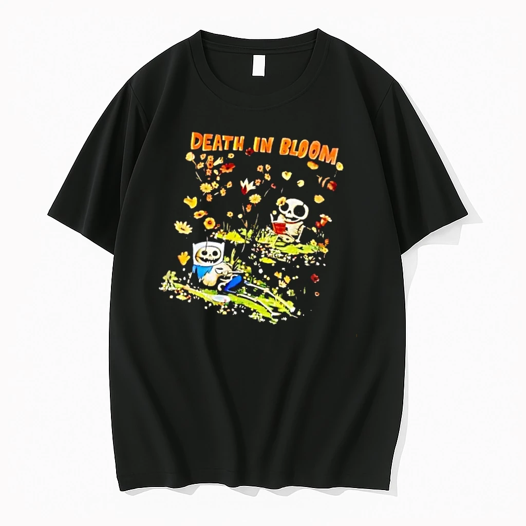 Officials Death In Bloom Cartoon Skeleton Characters Reading Flower Garden Mens T Shirt Sweater Hoodie