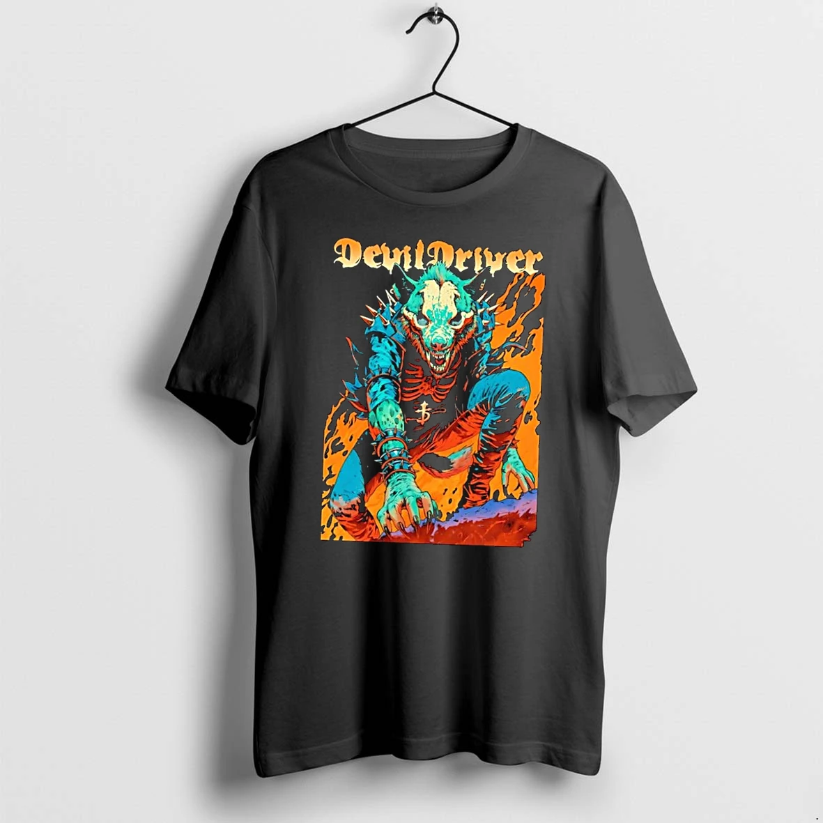 Officials Devildriver Skeletal Spiked Wolf Flames Black T Shirt Sweater Hoodie