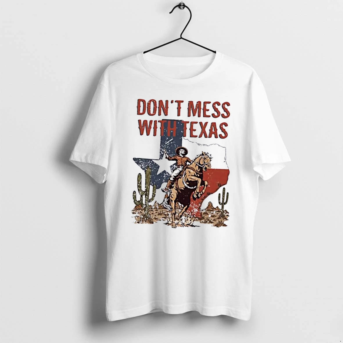Officials Dont Mess With Texas Cowboy Riding Rearing Horse State Map Desert Cactus Distressed Retro White Womens T Shirt Sweater Hoodie