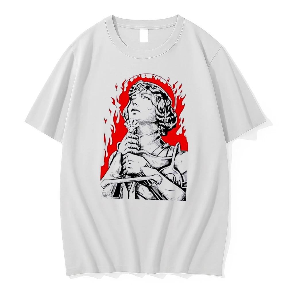 Officials Female Knight Saint Holding Sword Red Flames Halo Line Art White Womens T Shirt Sweater Hoodie