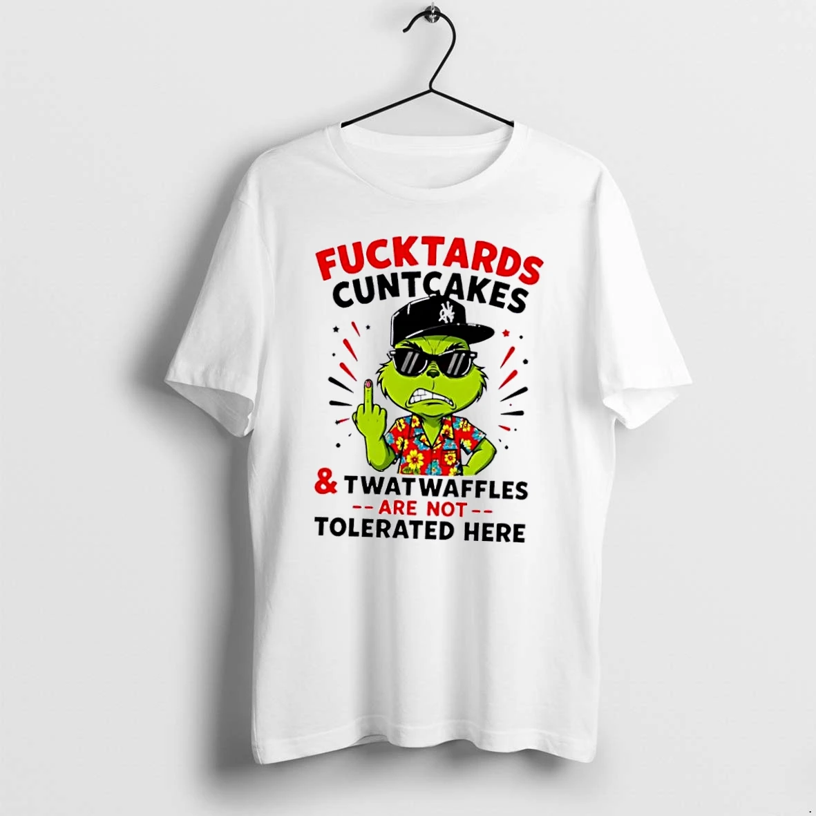 Officials Fucktards Cuntcakes And Twatwaffles Are Not Tolerated Here Cartoon Green Creature Middle Finger Hawaiian White Womens T Shirt Sweater Hoodie
