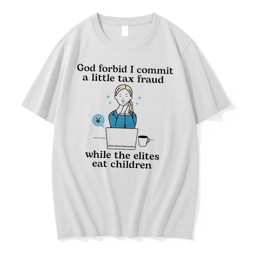 Officials Funny God Forbid I Commit A Little Tax Fraud While The Elites Eat Children Cartoon Woman Laptop Yen Symbol White Womens T Shirt Sweater Hoodie