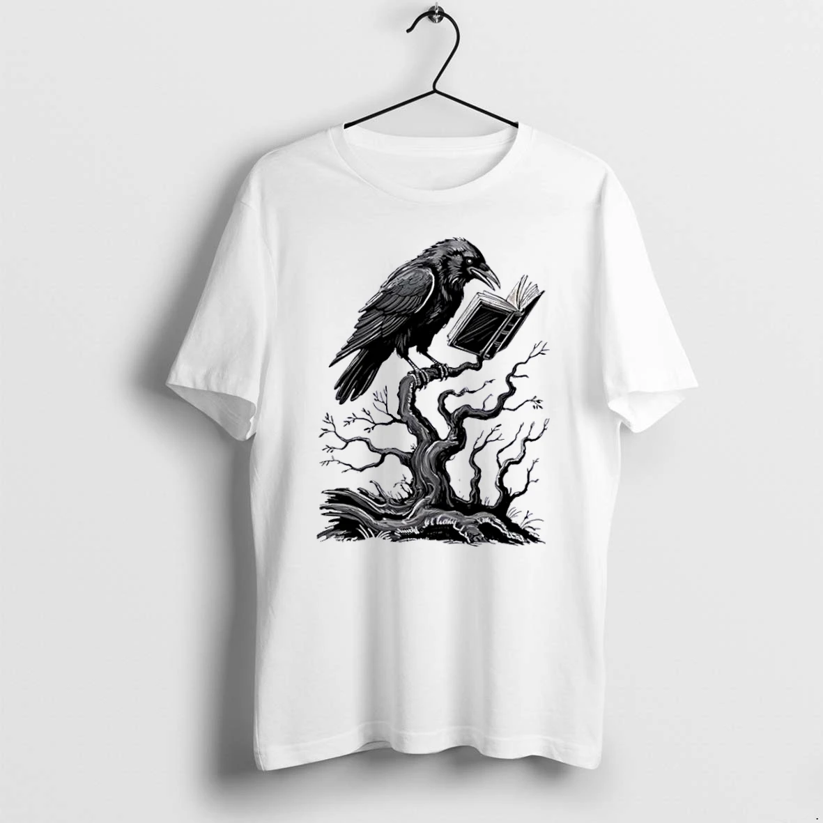 Officials Gothic Black Raven Reading Open Book Perched On Gnarled Tree Line Art White Womens T Shirt Sweater Hoodie