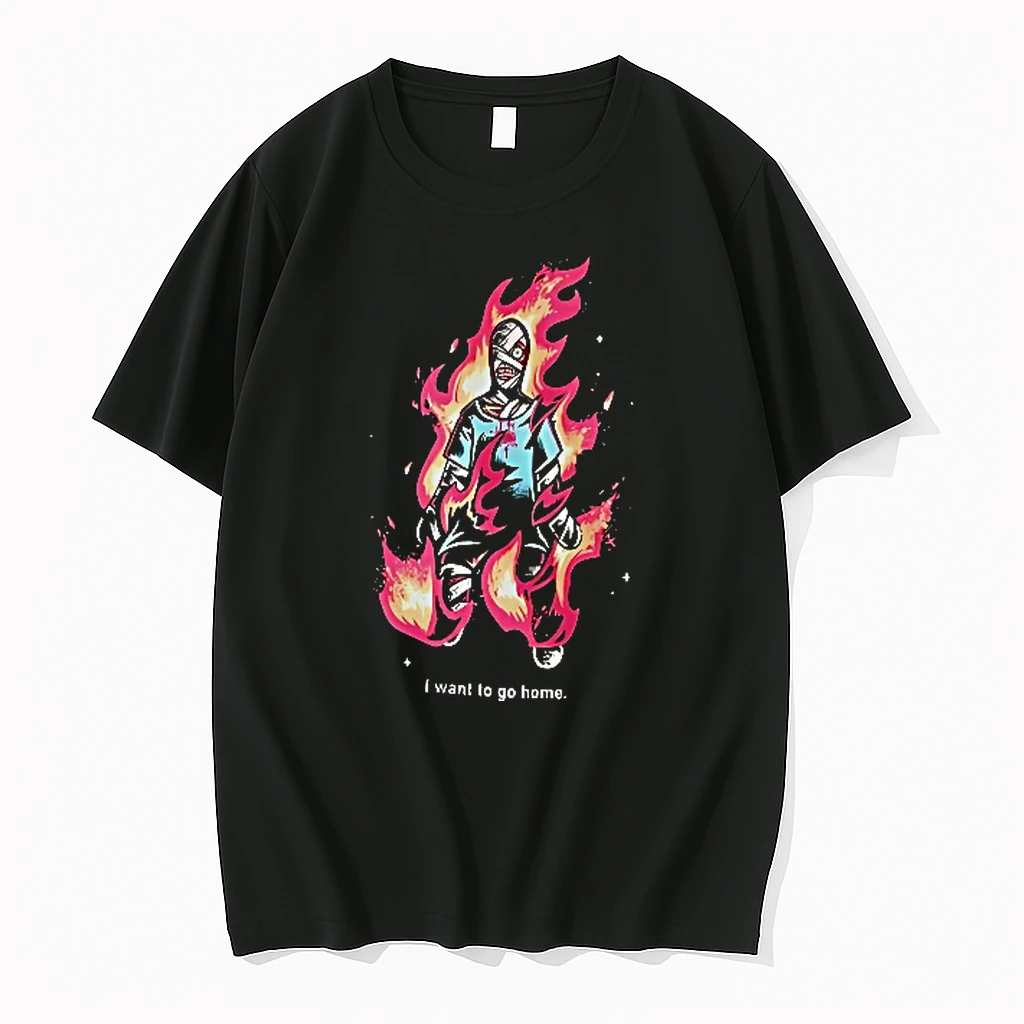 Officials I Want To Go Home Bandaged Figure Engulfed Pink Flames Cartoon Men T Shirt Sweater Hoodie