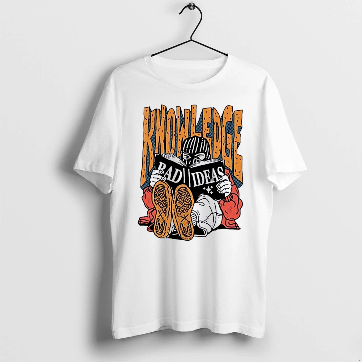 Officials Knowledge Bad Ideas Elyski Balaclava Figure Reading Book Shoe Soles Halftone Cartoon White Womens T Shirt Sweater Hoodie