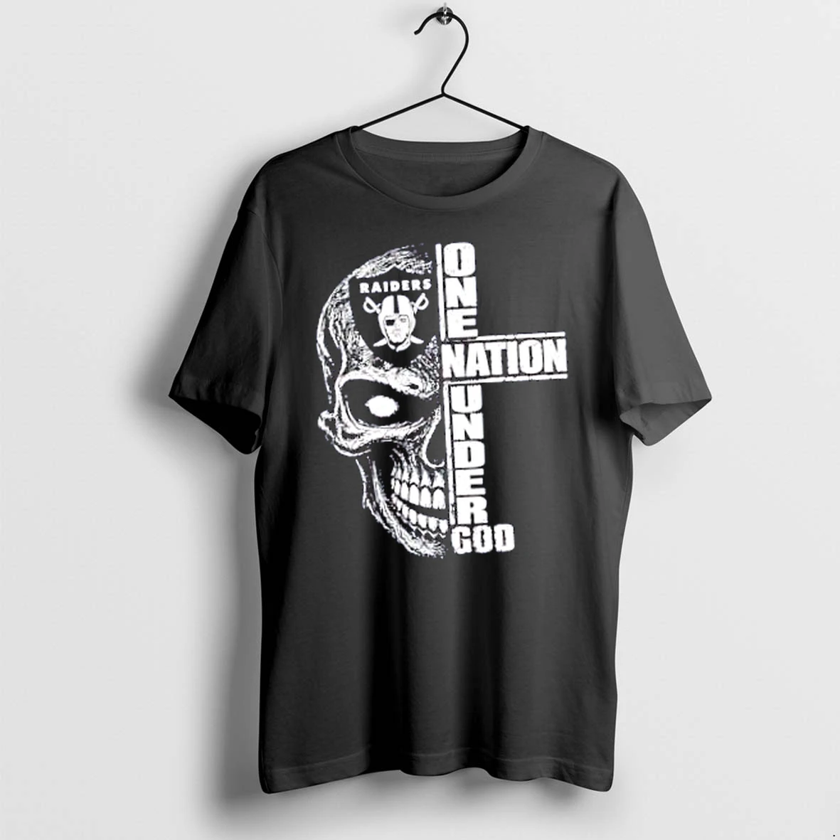 Officials Las Vegas Raiders One Nation Under God Distressed Skull Merch T Shirt Sweater Hoodie