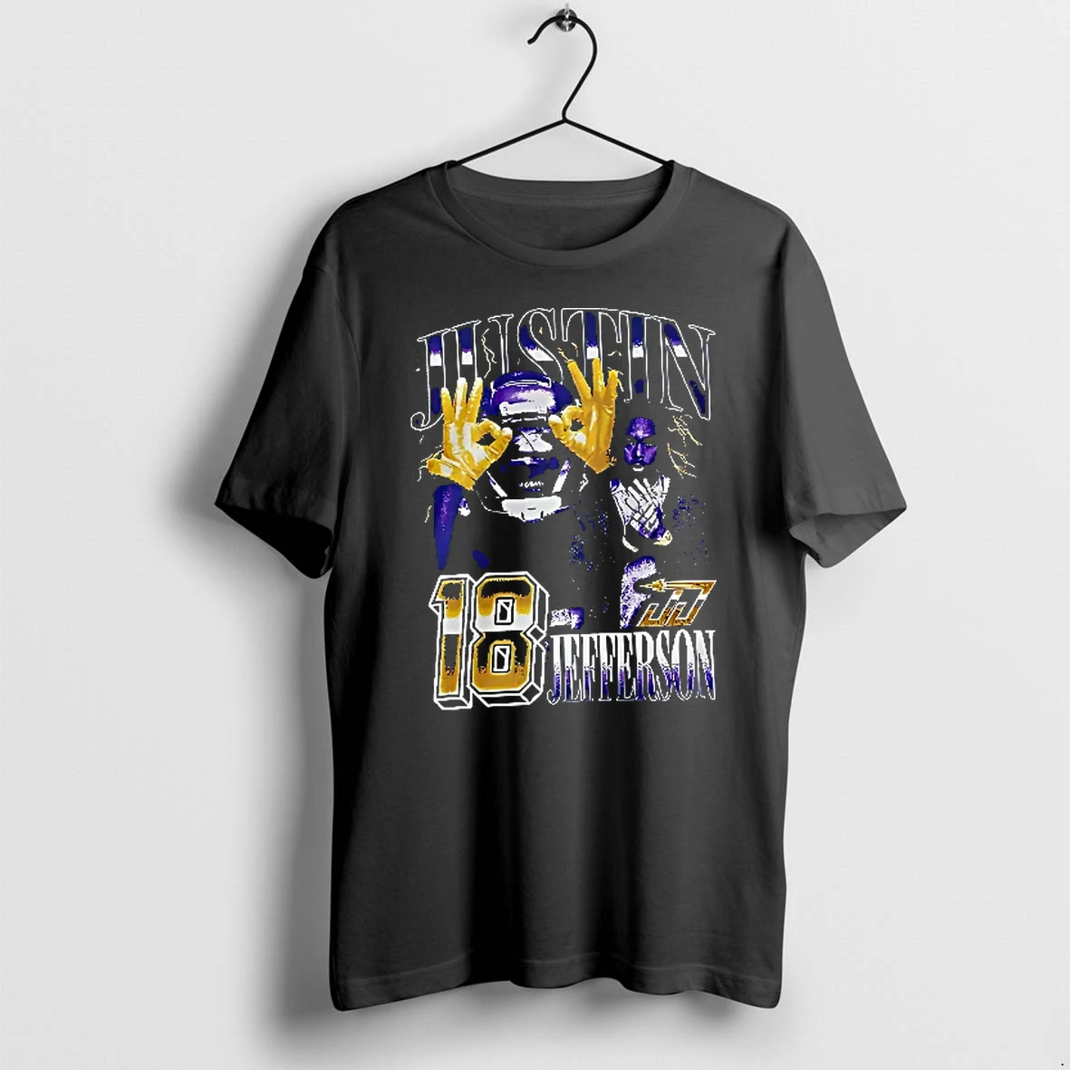 Officials Minnesota Vikings Nfl Justin Jefferson Player Photos Gold Gloves Lightning Bootleg Youth T Shirt Sweater Hoodie