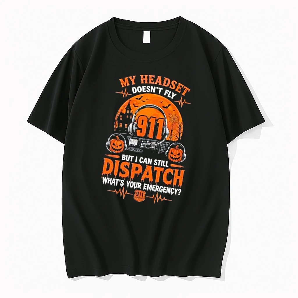 Officials My Headset Doesnt Fly But I Can Still Dispatch Whats Your Emergency 911 Orange Halloween Moon Jack O Lanterns Mens T Shirt Sweater Hoodie