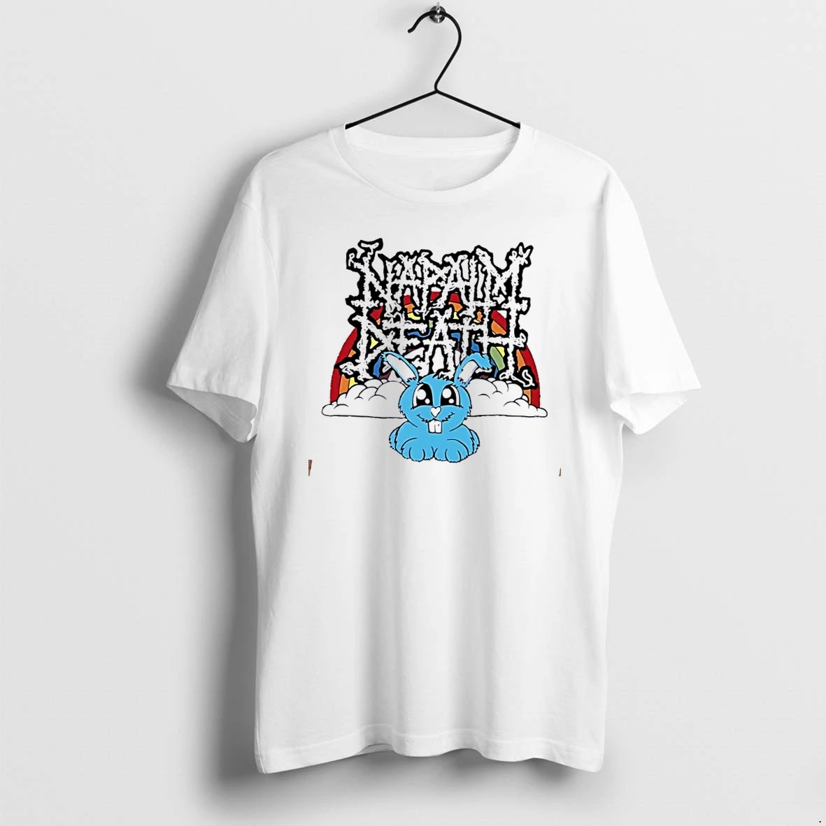 Officials Napalm Death Spiky Text Cute Cartoon Blue Bunny Rainbow Clouds White Womens Premium T Shirt Sweatshirt Hoodie
