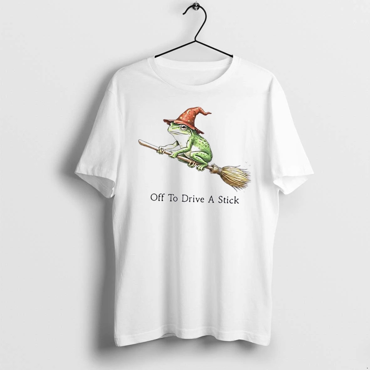 Officials Off To Drive A Stick Green Frog Wizard Riding Flying Broomstick White Womens T Shirt Sweater Hoodie