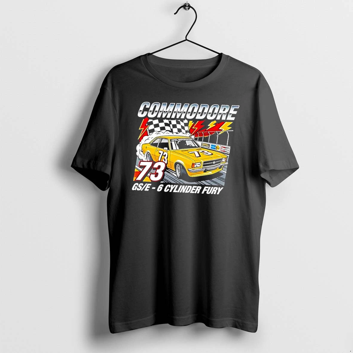 Officials Opel Commodore Gs E 6 Cylinder Fury 73 Yellow Race Car Drifting Checkered Flag Retro Illustration Mens Premium T Shirt Sweatshirt Hoodie