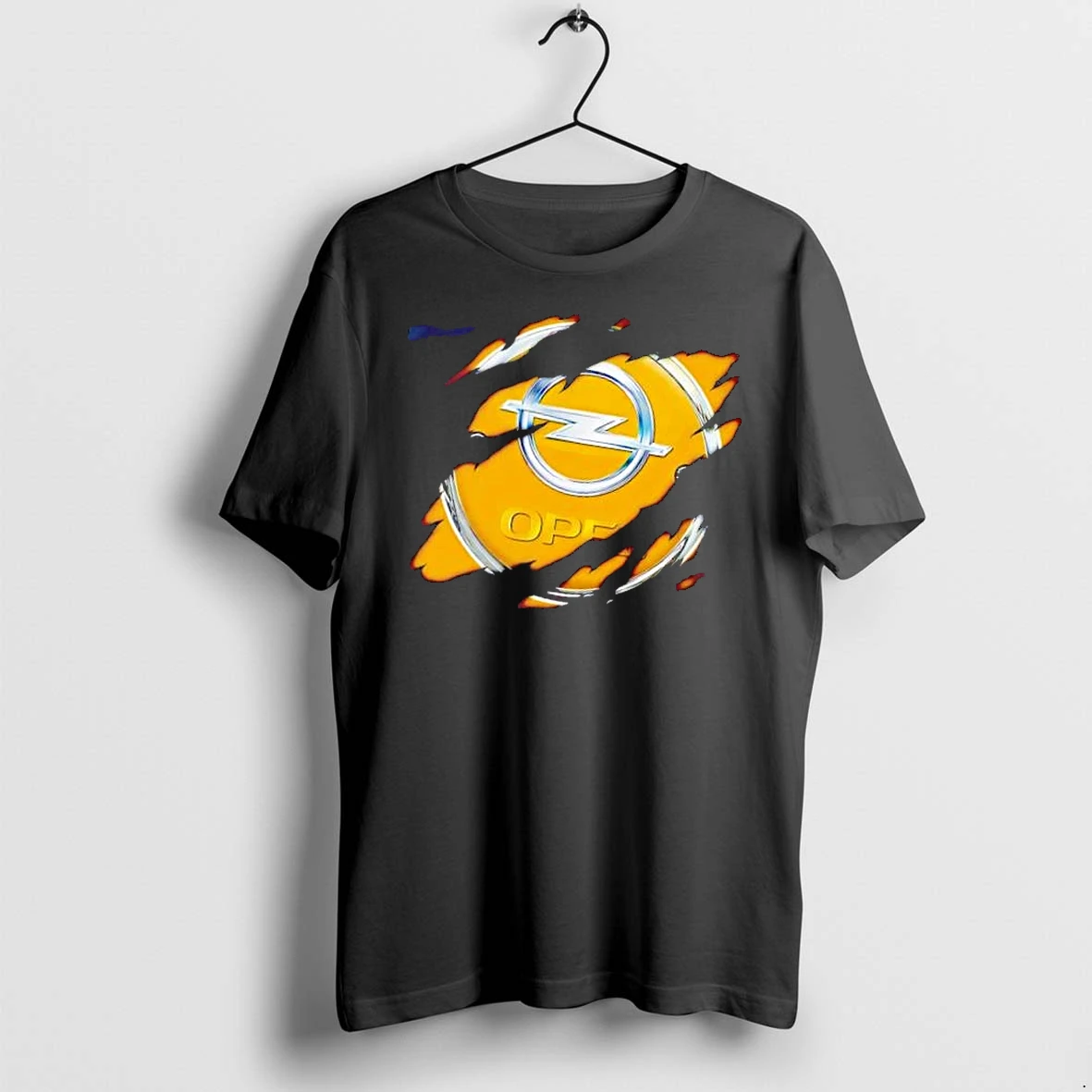 Officials Opel Metallic Logo Silver Lightning Bolt Ripped Torn Surface Yellow Background Mens Premium T Shirt Sweatshirt Hoodie