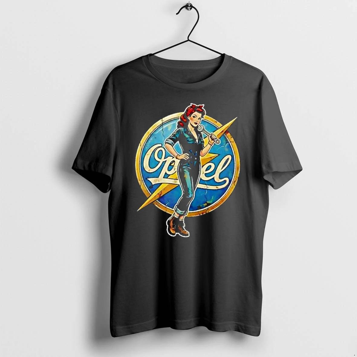 Officials Opel Pinup Mechanic Girl Wrench Distressed Lightning Emblem Vintage Mens Premium T Shirt Sweatshirt Hoodie