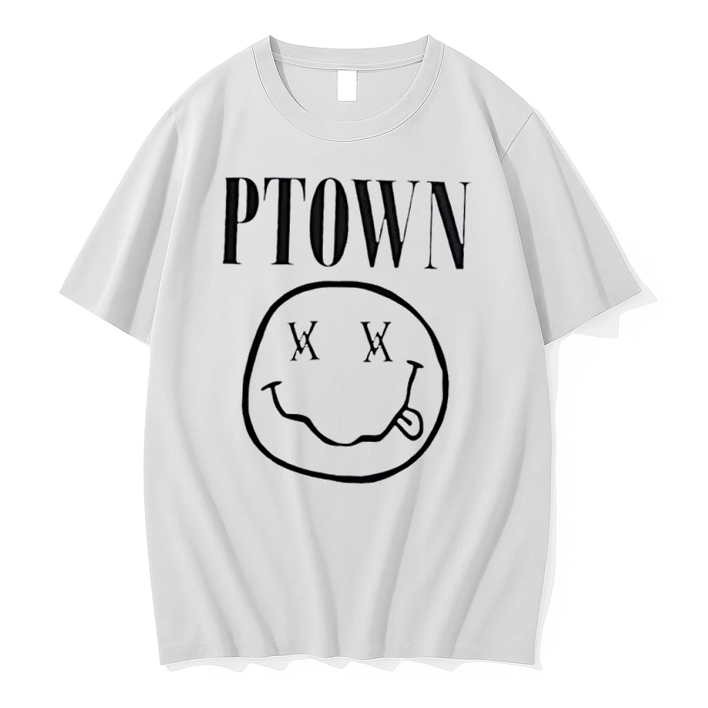 Officials Ptown Bootleg Illustration Smiley Face Protruding Tongue White Womens T Shirt Sweater Hoodie