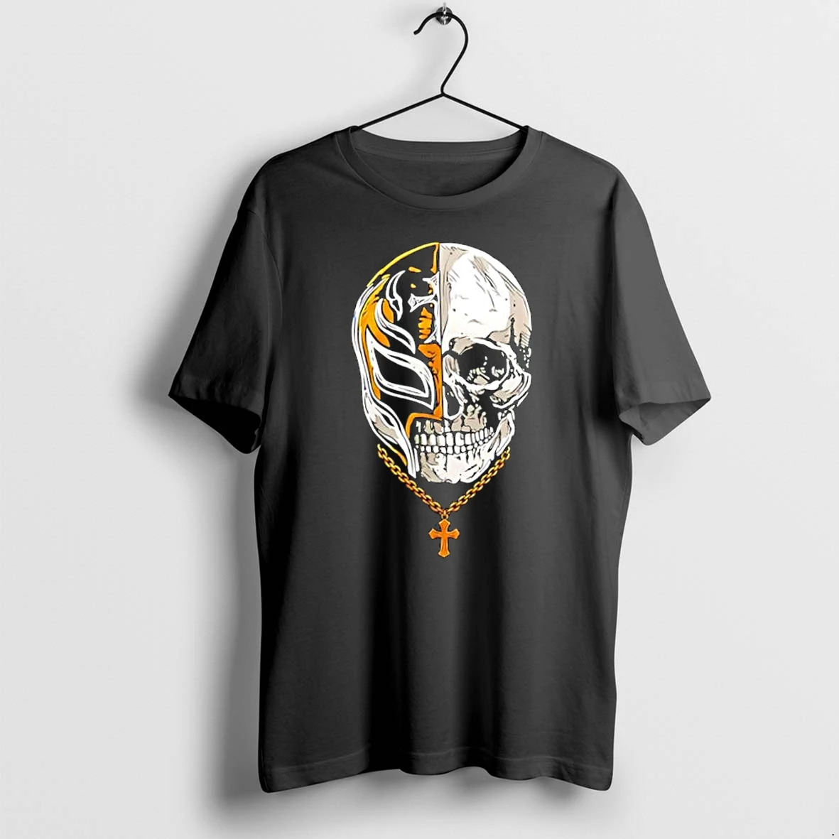 Officials Rey Mysterio Half Skull Mask Gold Cross Chain Wwe Professional Wrestling Premium T Shirt Sweatshirt Hoodie