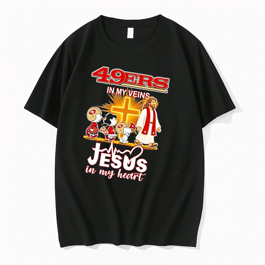 Officials San Francisco 49ers Nfl In My Veins Jesus Heart Peanuts Snoopy Walking With Cross Mens T Shirt Sweater Hoodie
