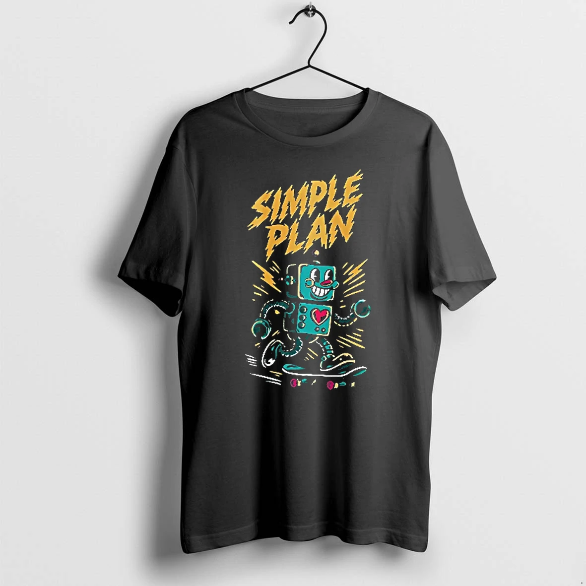 Officials Simple Plan Retro Cartoon Robot Riding Skateboard Lightning Youth T Shirt Sweater Hoodie