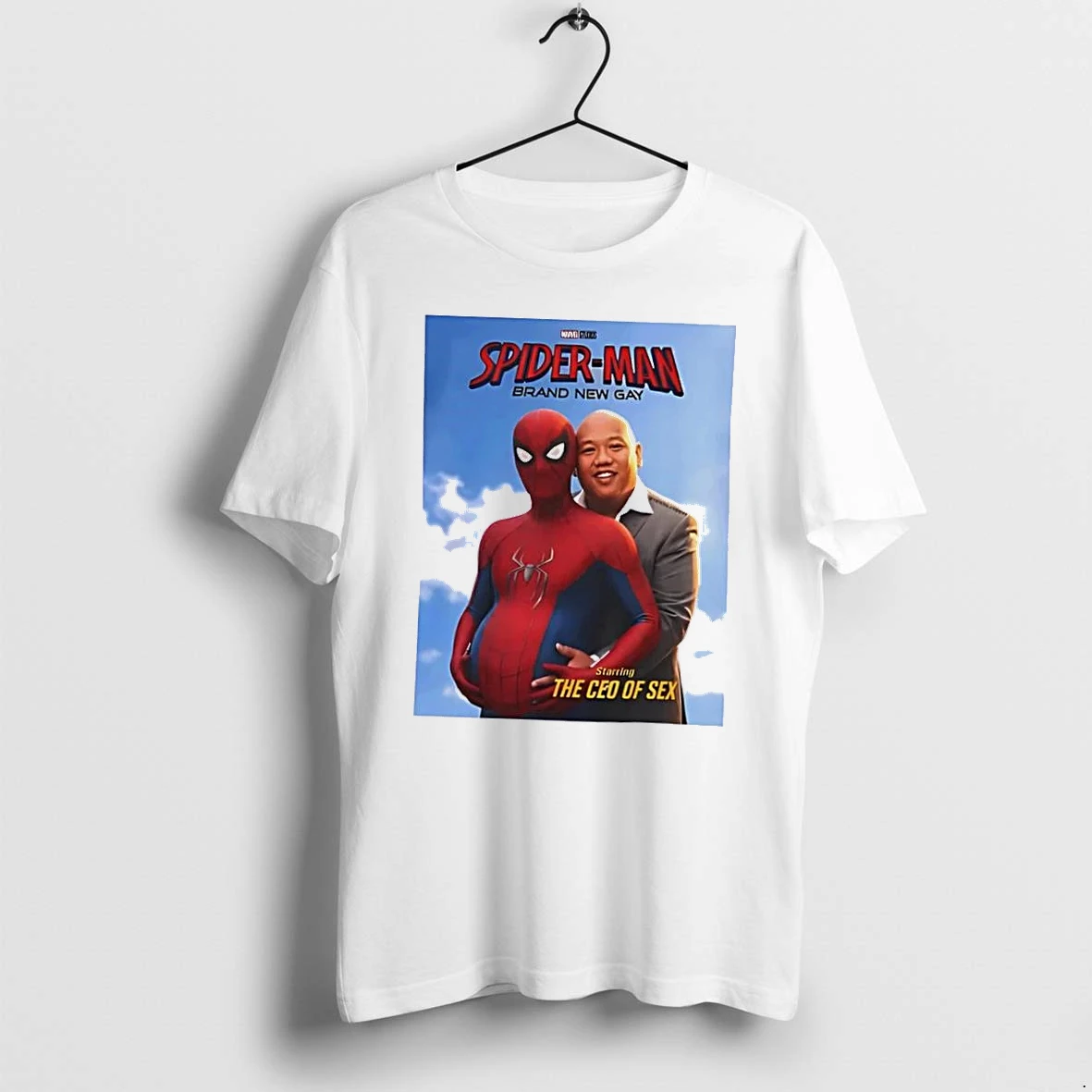 Officials Spider Man Brand New Gay Starring The Ceo Of Sex Pregnant Hero Hugged By Ned Leeds Parody White Womens T Shirt Sweater Hoodie