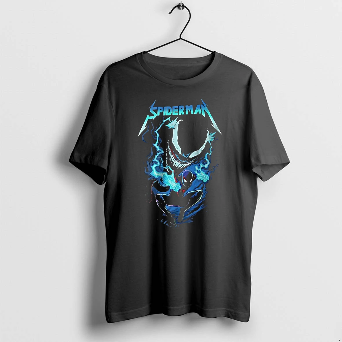 Officials Spiderman Miles Morales Charging Cyan Lightning Fanged Venom Youth T Shirt Sweater Hoodie