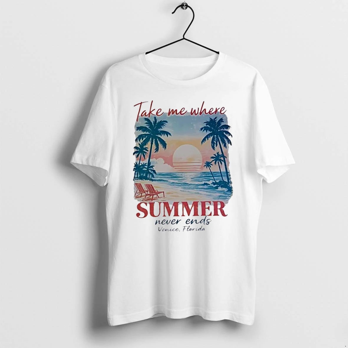 Officials Take Me Where Summer Never Ends Venice Florida Palm Trees Beach Chairs Sunset Watercolor White Womens T Shirt Sweater Hoodie