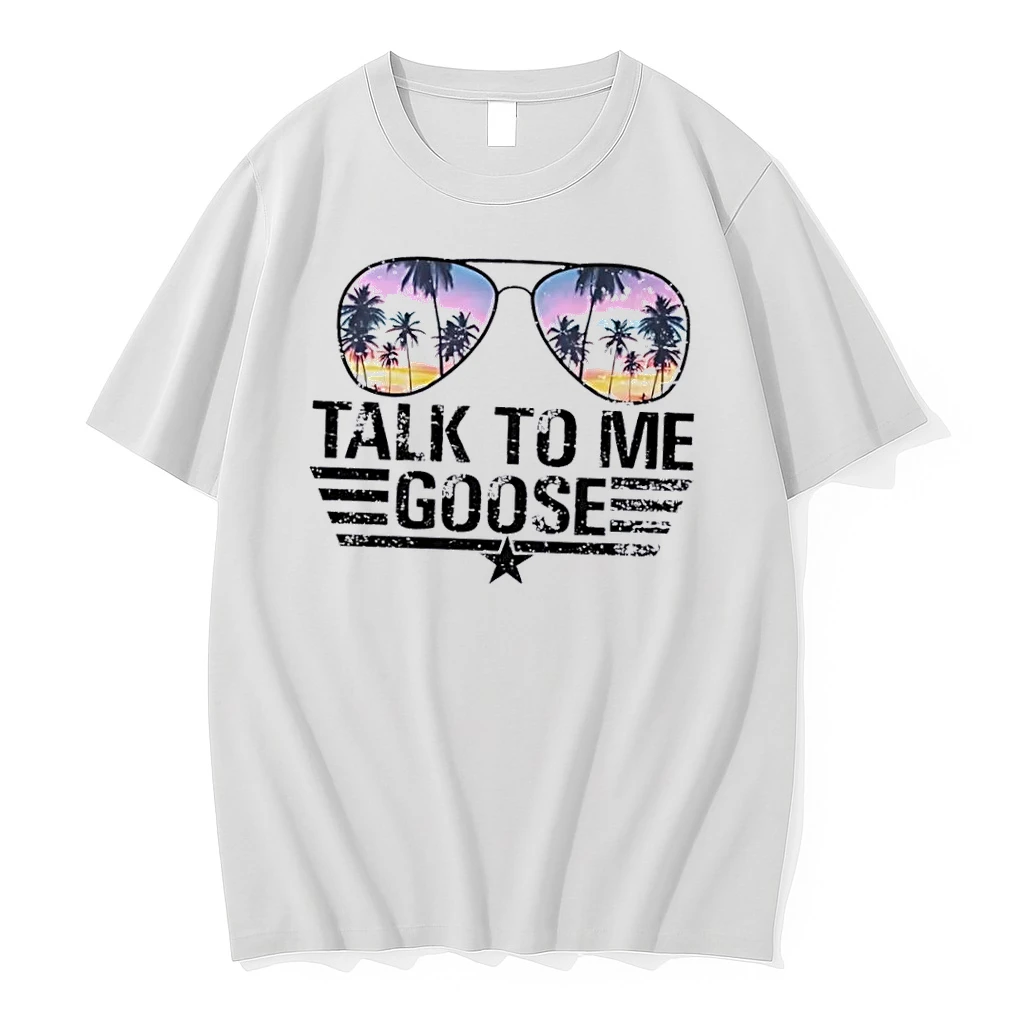 Officials Talk To Me Goose Distressed Aviator Sunglasses Tropical Palm Trees Sunset Reflection Wings Star White Womens T Shirt Sweater Hoodie