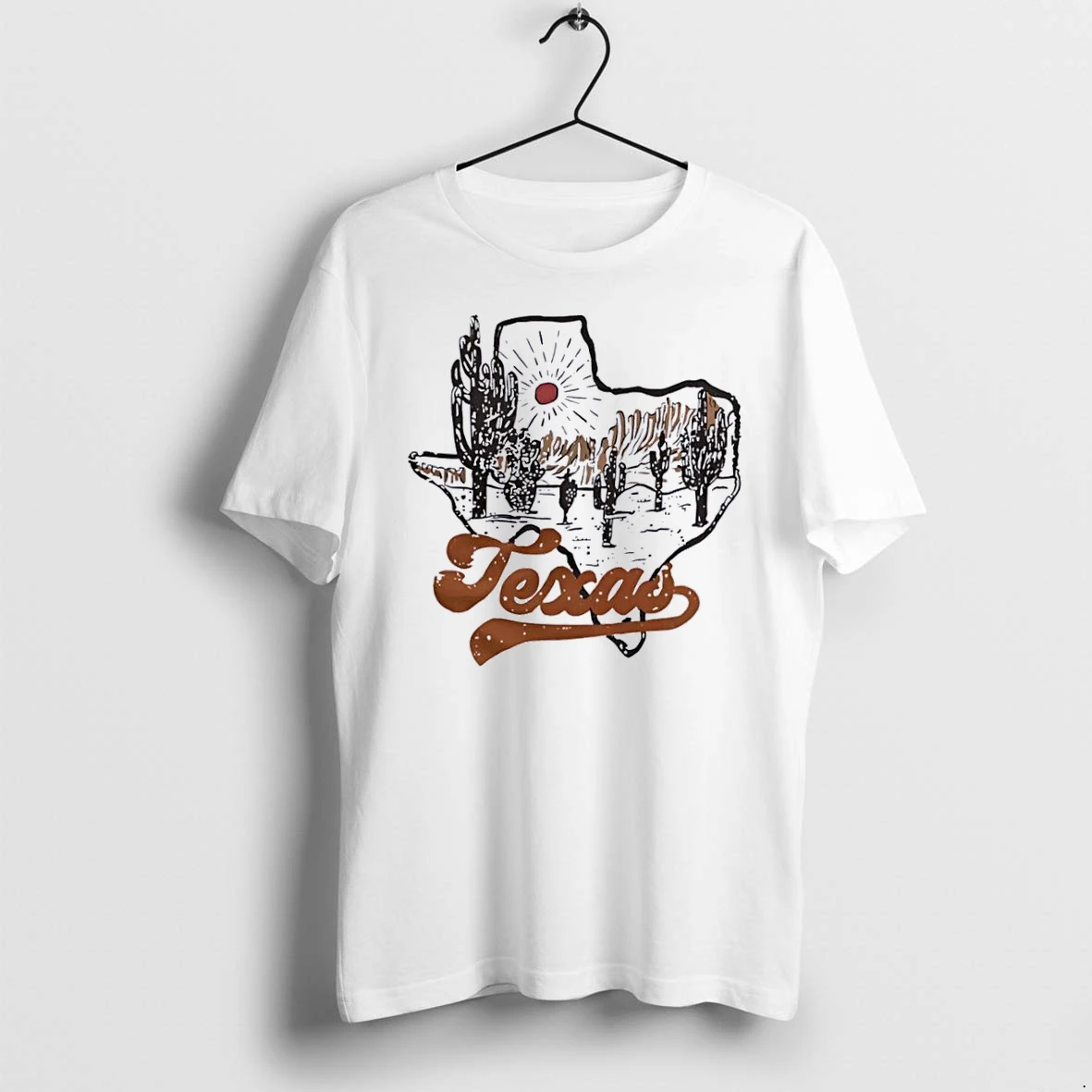 Officials Texas State Silhouette Desert Scene Cacti Sun Rays Line Art White Womens T Shirt Sweater Hoodie