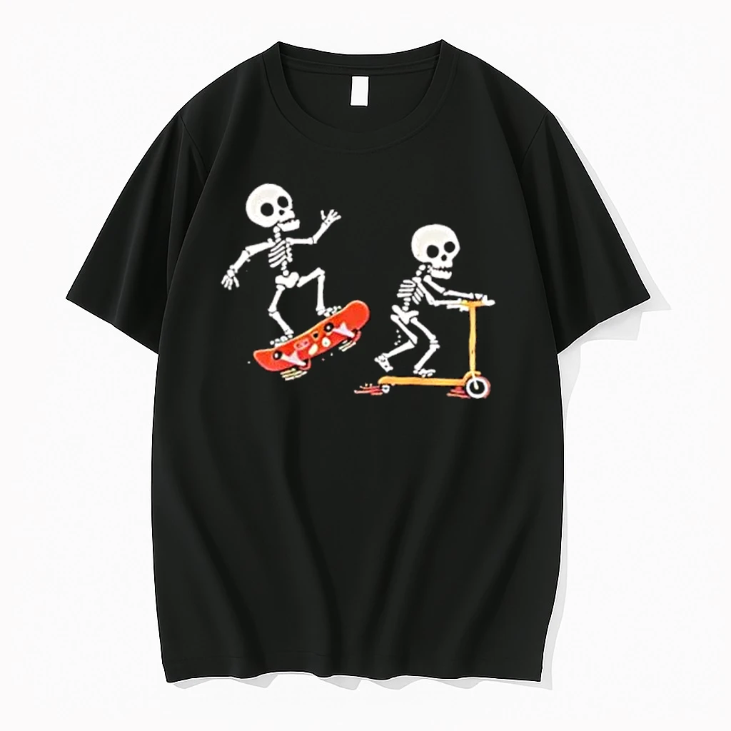 Officials Two Cartoon Skeletons Riding Orange Skateboard And Kick Scooter Mens T Shirt Sweater Hoodie