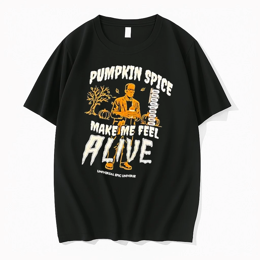 Officials Universal Epic Universe Pumpkin Spice Make Me Feel Alive Frankenstein Monster Holding Coffee Cup Spooky Tree Mens Premium T Shirt Sweatshirt Hoodie