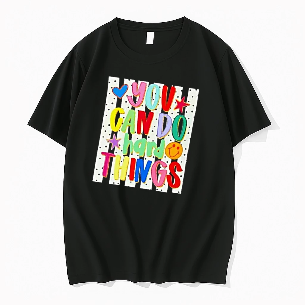 Officials You Can Do Hard Things Colorful 3d Bubble Letters Striped Polka Dot Background Stars Smiley Face Mens T Shirt Sweater Hoodie