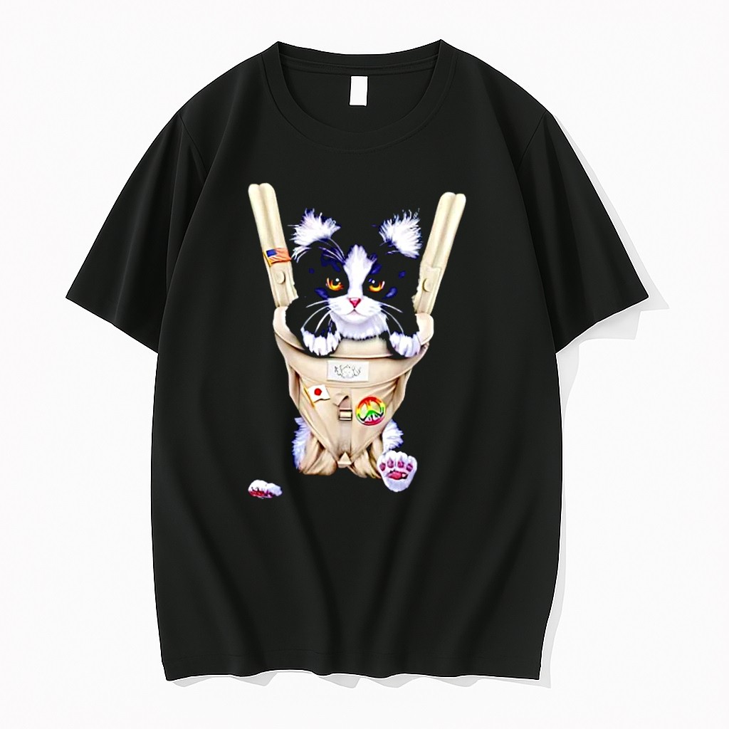 Original Cute Tuxedo Cat In Baby Carrier With Flag And Peace Sign Black Tshirts