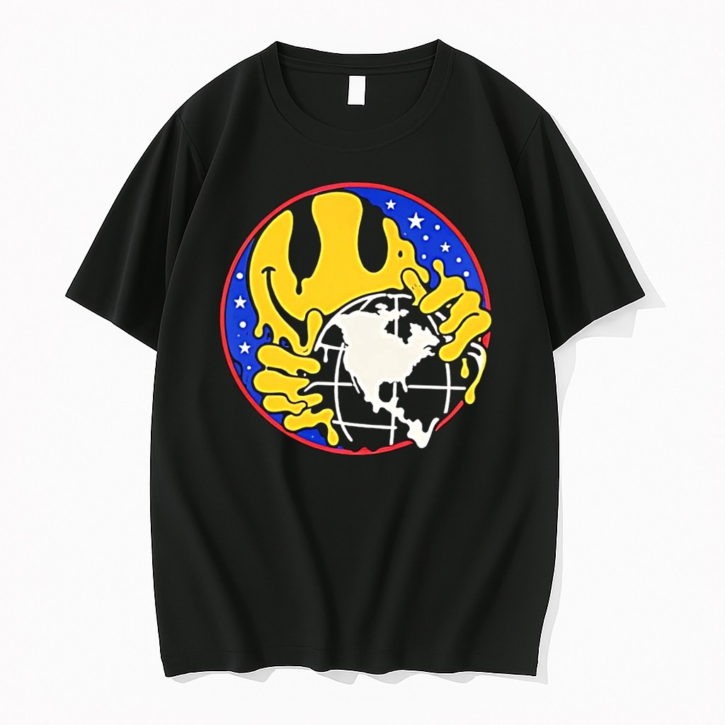 Original Melting Smiley Holding Globe Black Tshirts