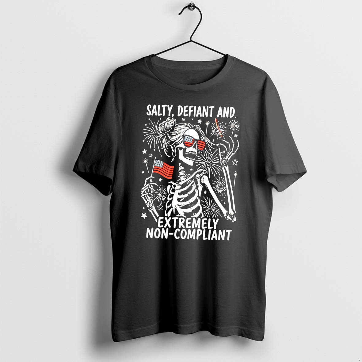 Original Salty Defiant And Extremely Non Compliant Skeleton Holding Usa Flag Tee Tshirts