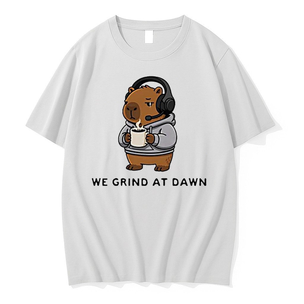 Original We Grind At Dawn Gamer Gaming Capybara With Coffee And Headset Tshirts