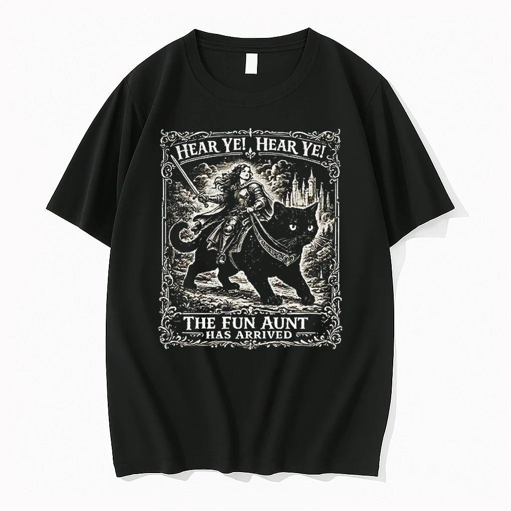 Premium Knight On Black Cat Riding Animal Armor Hear Ye The Fun Aunt Has Arrived Tshirts