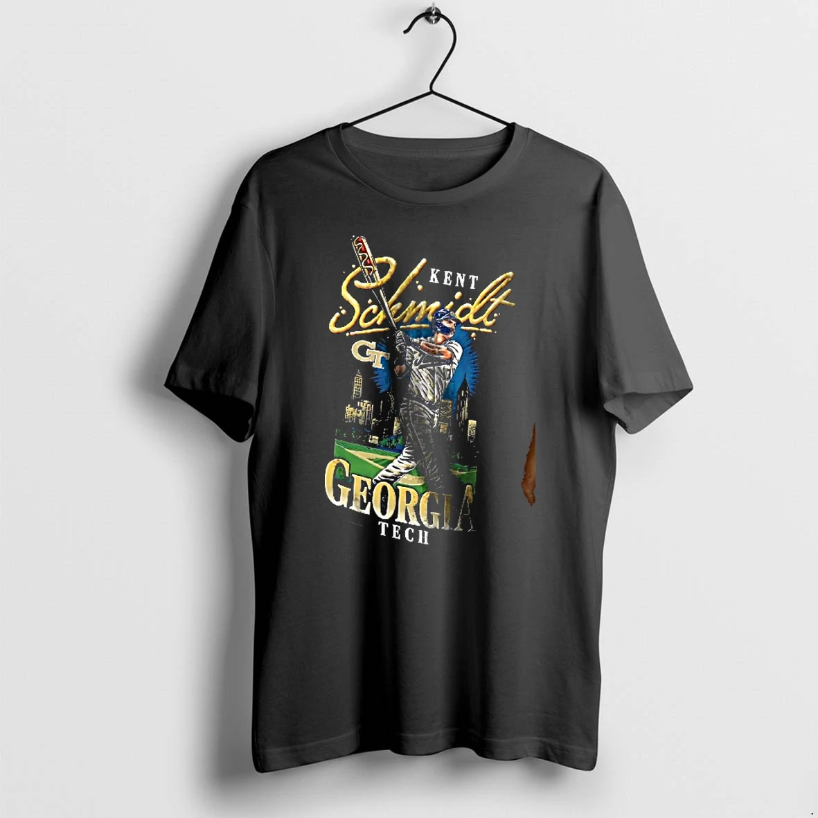 Officials Georgia Tech Yellow Jackets Ncaa Kent Schmidt Batter Swinging Hot Dog Bat Atlanta Skyline Field Men T Shirt Sweater Hoodie
