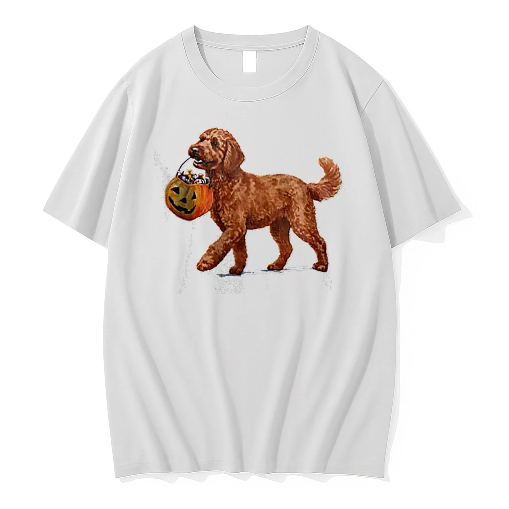 Officials Goldendoodle Dog Carrying A Halloween Pumpkin Full Of Candy Trick Or Treat T Shirt Sweater Hoodie