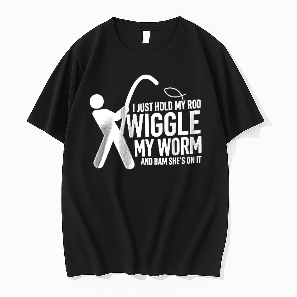 Officials I Just Hold My Rod Wiggle Worm And Bam Shes On It Stick Figure Fisherman Fish Line Art Youth T Shirt Sweater Hoodie