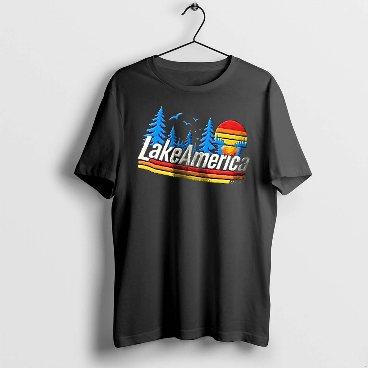 Officials Lakeamerica Est 2023 Retro Sunset Pine Trees Birds Water Reflection Men T Shirt Sweater Hoodie