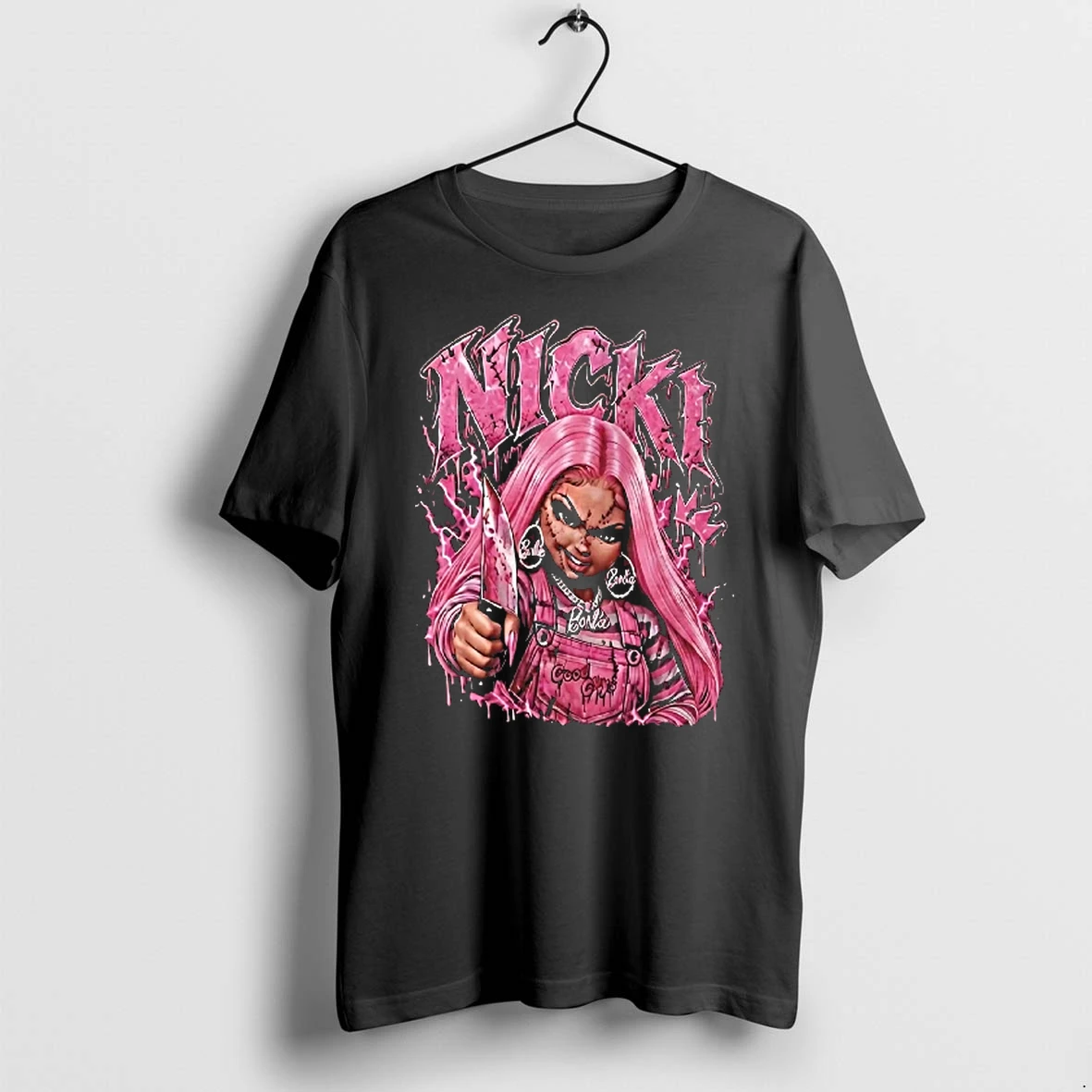 Officials Nicki Minaj Chucky Good Guys Barbie Pink Doll Holding Bloody Knife T Shirt Sweater Hoodie